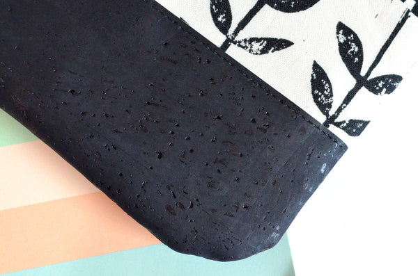 Black & White Floral Cork Leather Pouch