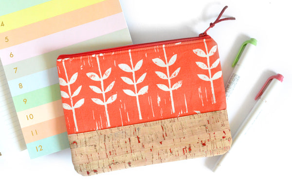 Red Block Print Floral Cork Leather Pouch