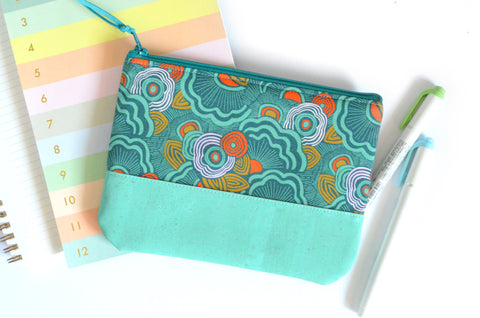 Teal Retro Floral Cork Leather Pouch