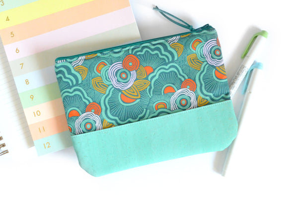 Teal Retro Floral Cork Leather Pouch