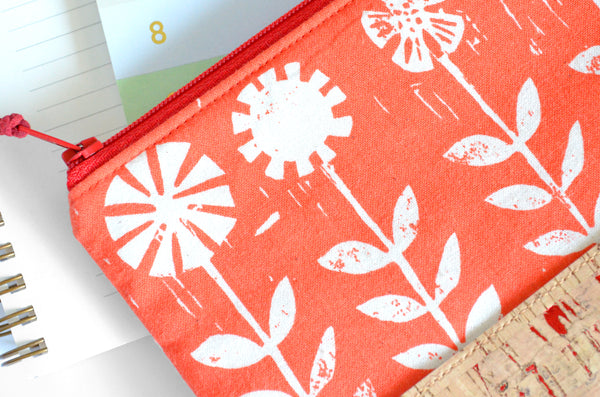 Red Block Print Floral Cork Leather Pouch