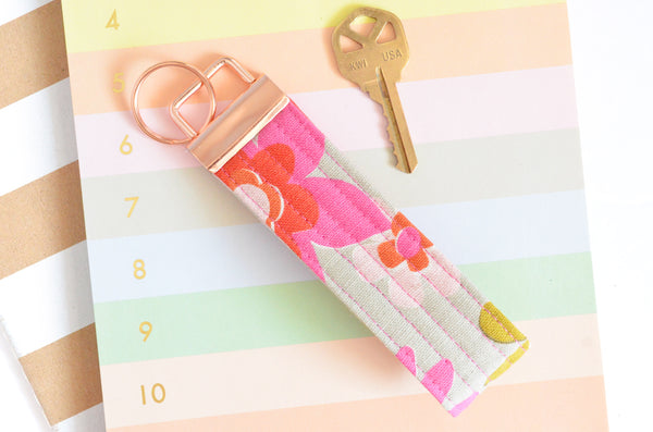 Rose Gold Pink Floral Canvas Keychain