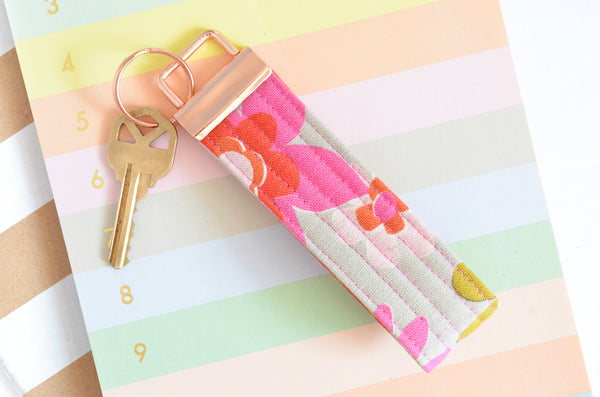 Rose Gold Pink Floral Canvas Keychain