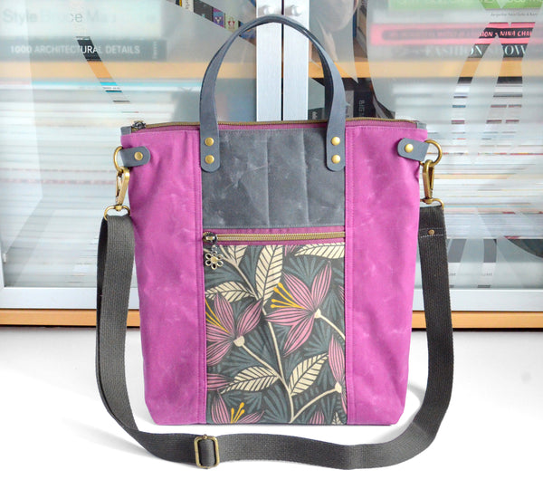 Purple & Grey Floral Crossbody Tote Bag