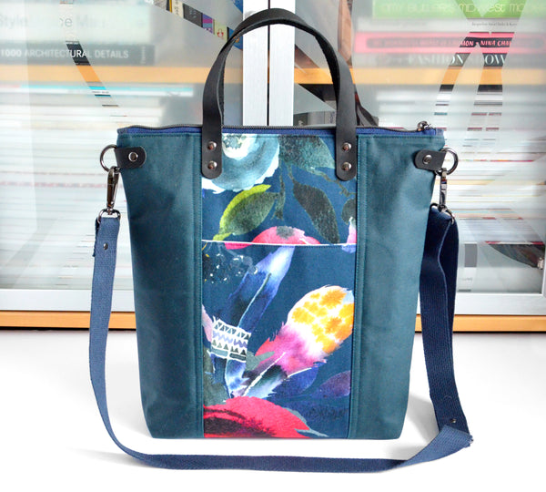 Navy Blue Watercolour Floral Crossbody Tote Bag