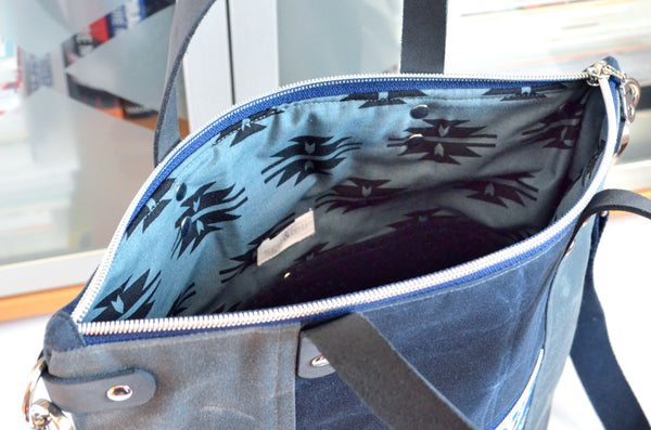Navy Blue & Grey Woven Boho Crossbody Tote Bag
