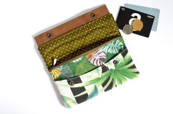 Black & White Stripe Tropical Leather Snap Wallet