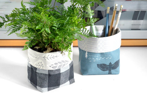Grey Plaid & Bird Fabric Plant Pot