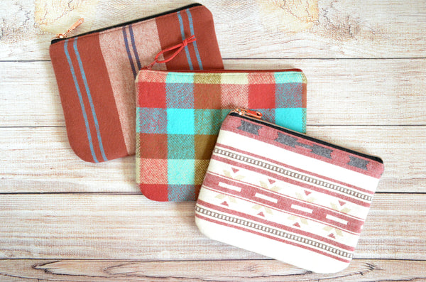 Rust Plaid Flannel Small Zipper Pouch