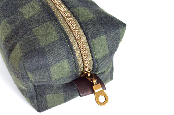 Olive Green Plaid Flannel Boxy Toiletry Bag