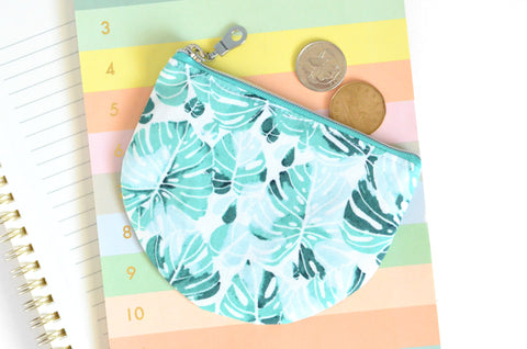 White Monstera Round Coin Purse
