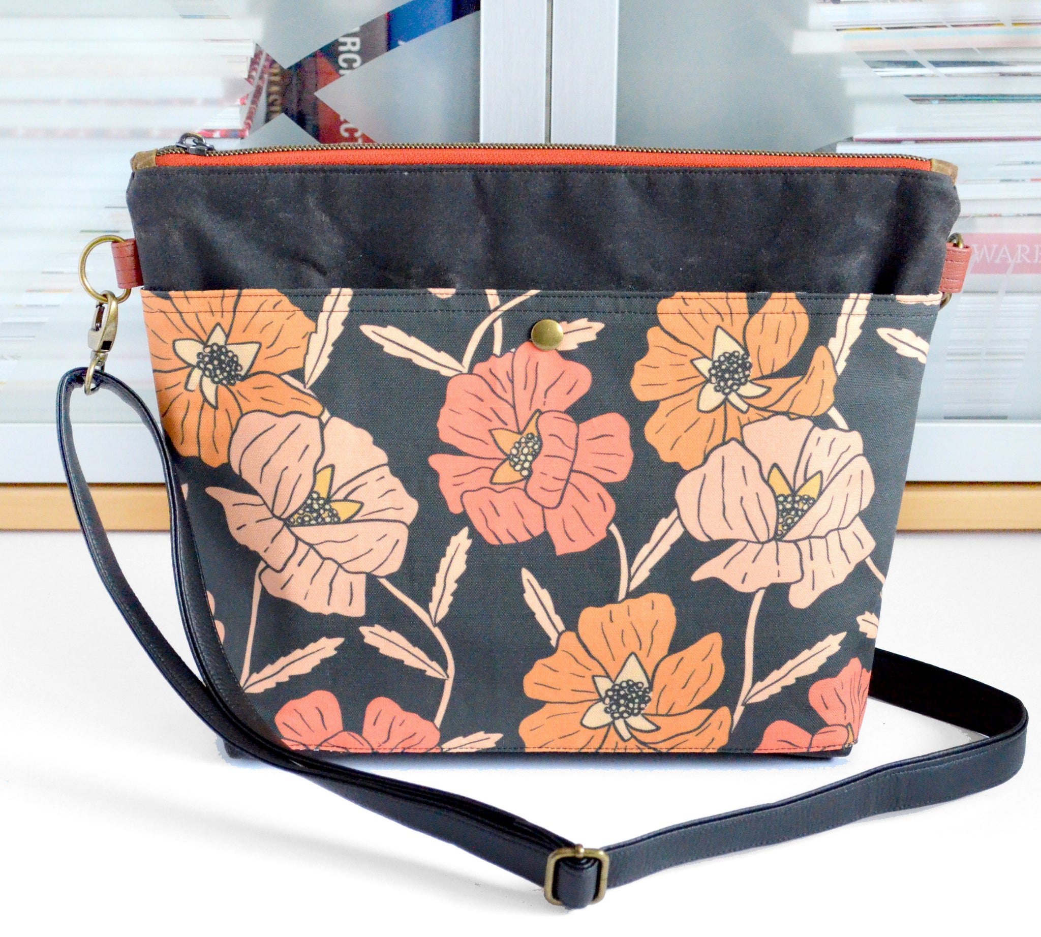 Black Poppy Floral Crossbody Bag