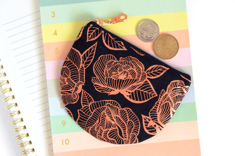 Black & Rose Gold Floral Round Coin Purse