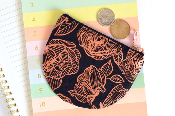 Black & Rose Gold Floral Round Coin Purse