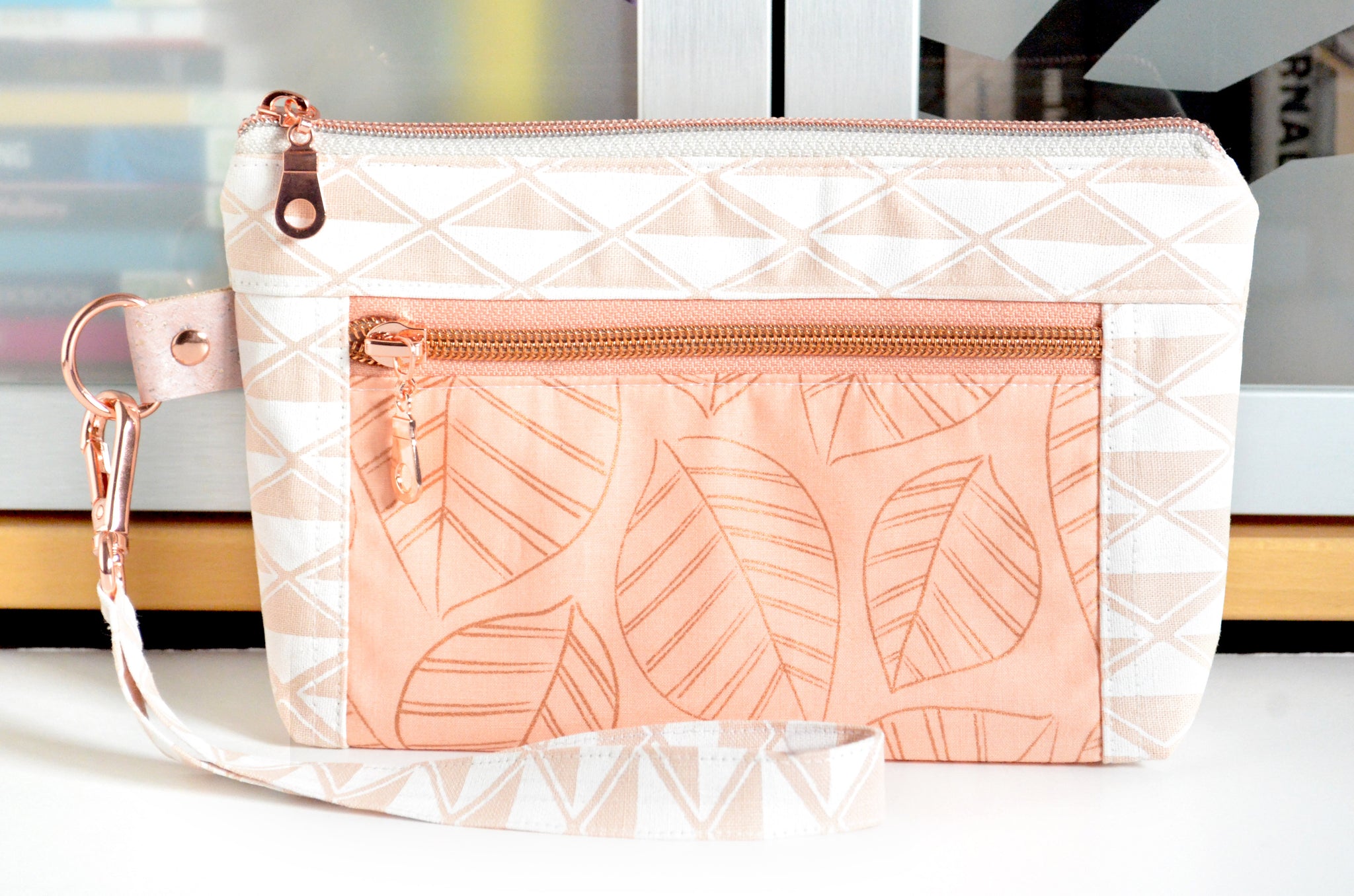 Rose Gold Leaves Double-Zip Wristlet