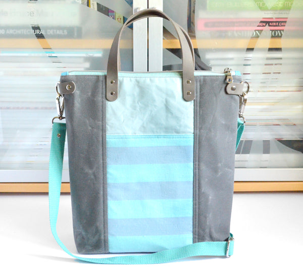 Grey & Blue Woven Stripe Crossbody Tote Bag