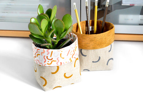 Grey & Mustard Geometric Fabric Plant Pot
