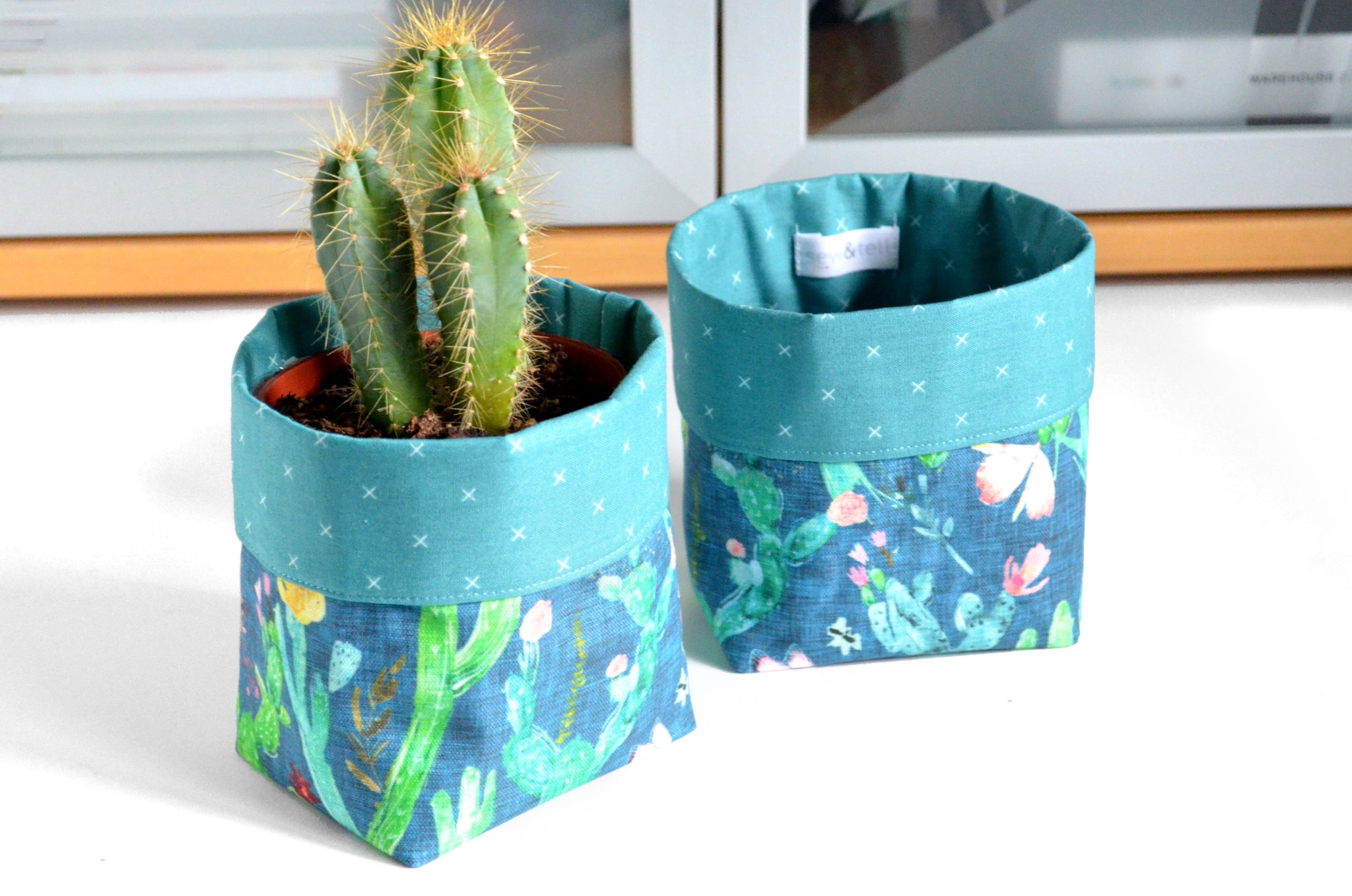 Teal Desert Cactus Fabric Plant Pot