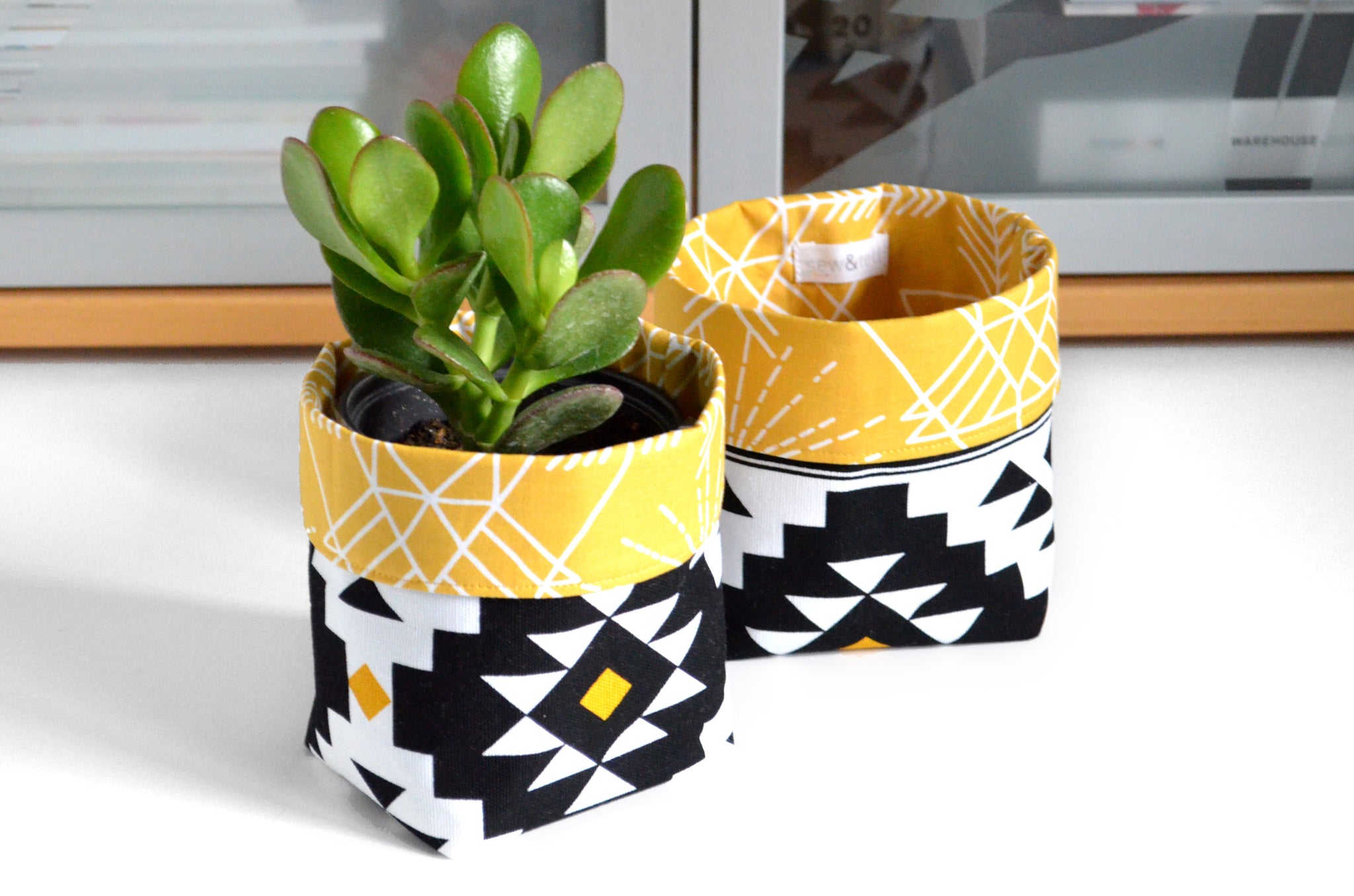 Black, White, & Yellow Boho Fabric Plant Pot