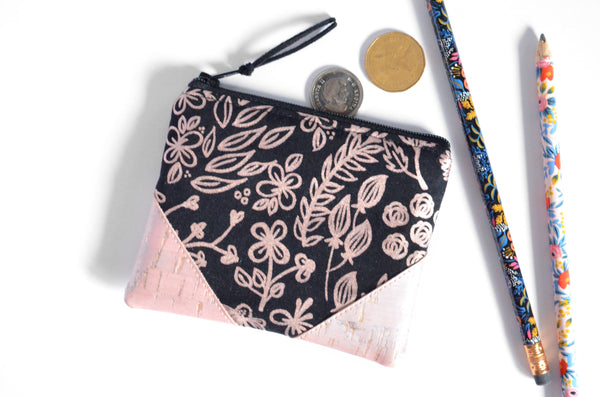 Black & Rose Gold Floral Cork Leather Coin Purse