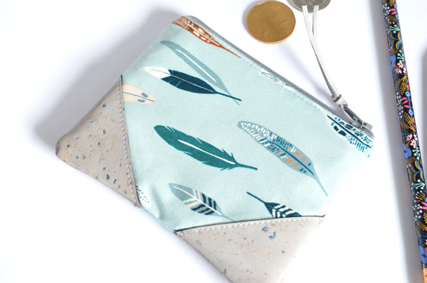 Blue & Grey Feather Cork Leather Coin Purse