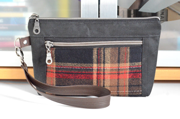 Waxed Canvas Black & Red Plaid Double-Zip Wristlet