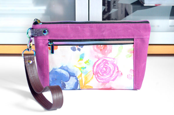 Waxed Canvas Purple & Rainbow Floral Double-Zip Wristlet