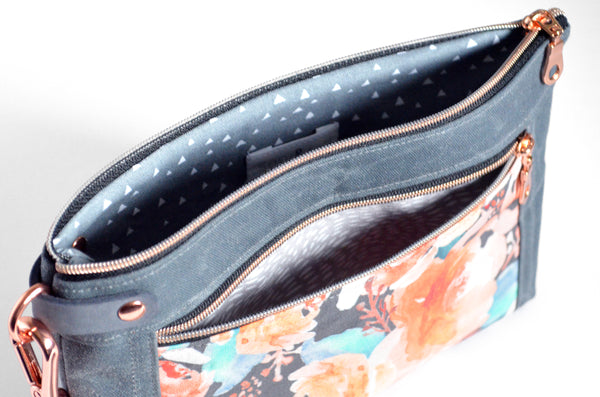 Waxed Canvas Rose-Gold Floral Double-Zip Wristlet
