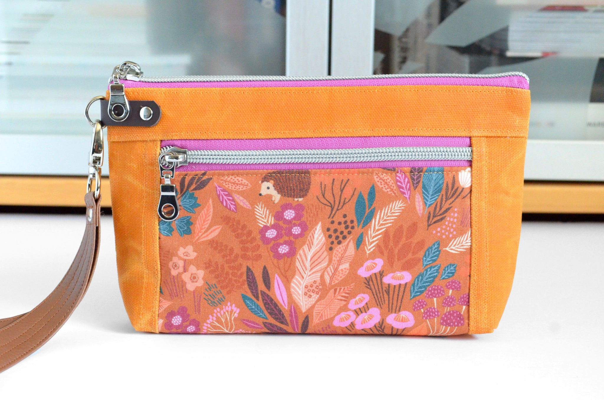 Waxed Canvas Ochre Forest Floral Double-Zip Wristlet