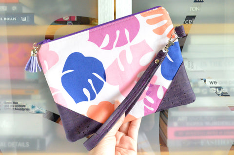 Pink & Purple Monstera Cork Wristlet Clutch