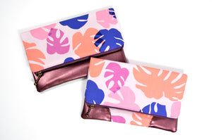 Pink Monstera Fold Over Clutch