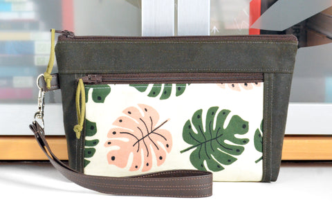 Waxed Cotton Monstera Double-Zip Wristlet