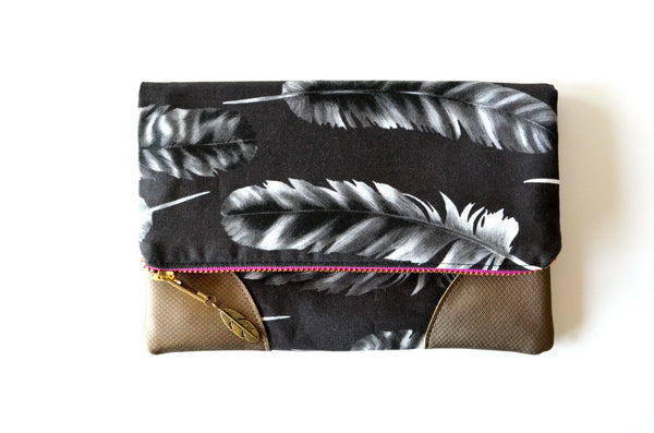 Black Feather Fold Over Clutch