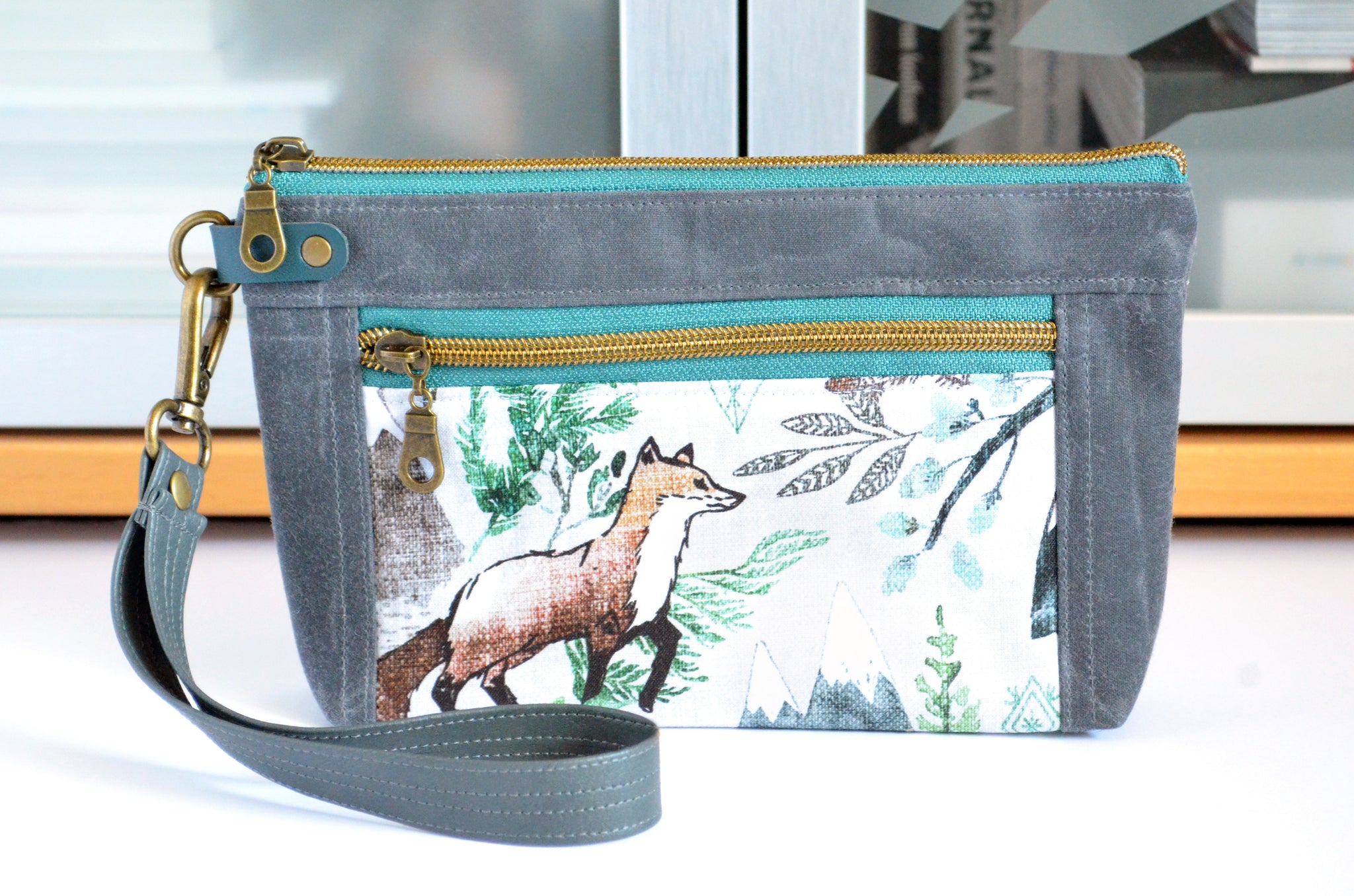 Waxed Canvas Grey Forest Fable Double-Zip Wristlet