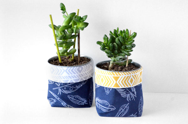 Navy Feathers Fabric Plant Pot