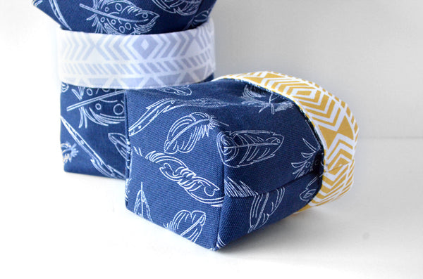 Navy Feathers Fabric Plant Pot
