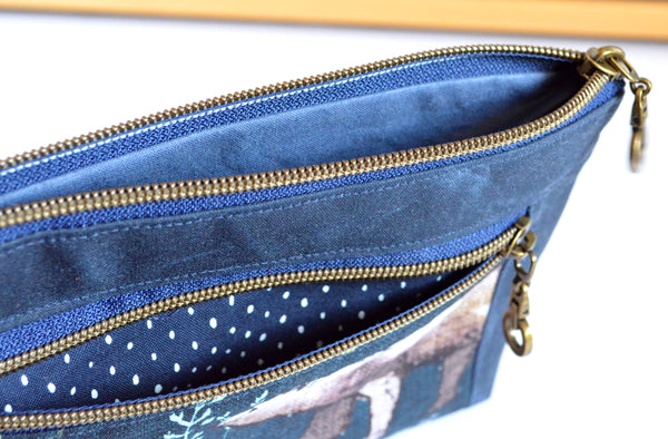 Waxed Canvas Navy Forest Fable Double-Zip Wristlet