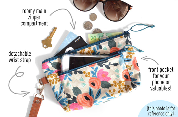Waxed Canvas Pink & Blue Floral Double-Zip Wristlet